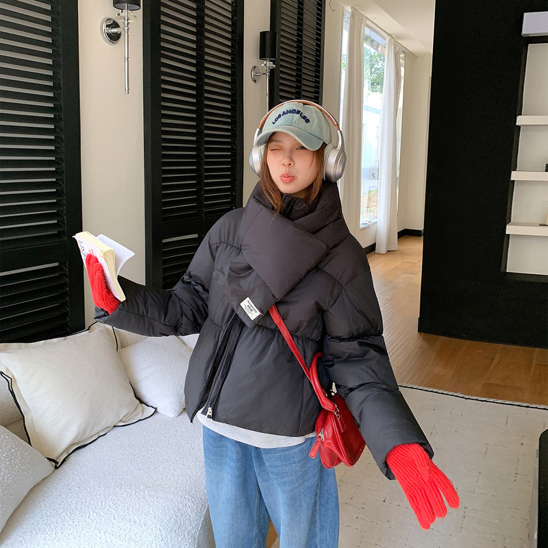 韩版慵懒风围巾款羽绒棉服女短款2025新款学院风棉衣外套面包服女|undefined