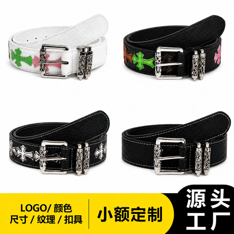 American-style Chrome Hearts cross buckle leather belt for women, with roller hollow vine punk belt accessory, high-end feel