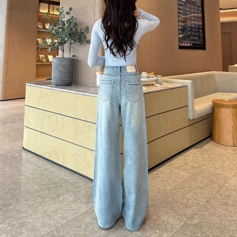 2025 クラウドブルー新鮮で多用途な春と夏のスリムワイドレッグジーンズ女性のハイウエストストレートパンツスパンデックスシルバースクエアパンツ|undefined