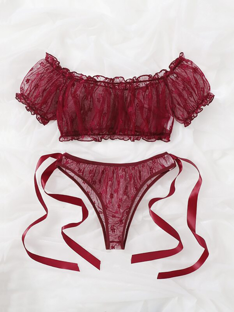 Large One Shoulder Sexy Lace Pure Desire Bra Underwear Two piece Perspective Set 08_voghion.com