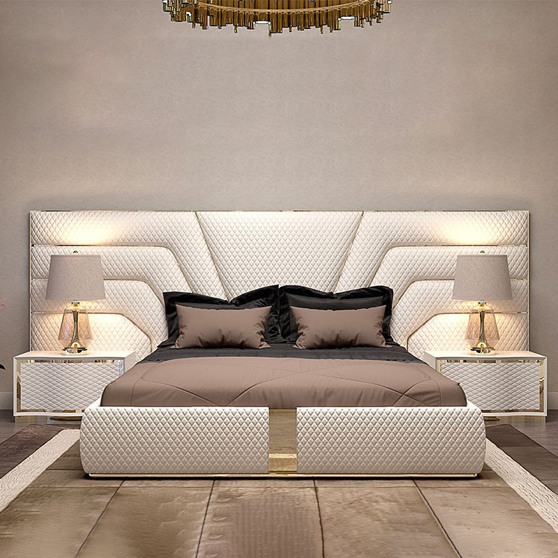 Wide Screen Bed Italian Light Luxury Style Master Bedroom Double Bed Hong Kong Style Leather Bed Solid Wood Wedding Bed White Modern Large House