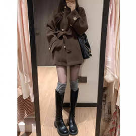 棕色单层外套女欧美新款冬季小个子赫本风感羊单层子大衣单层