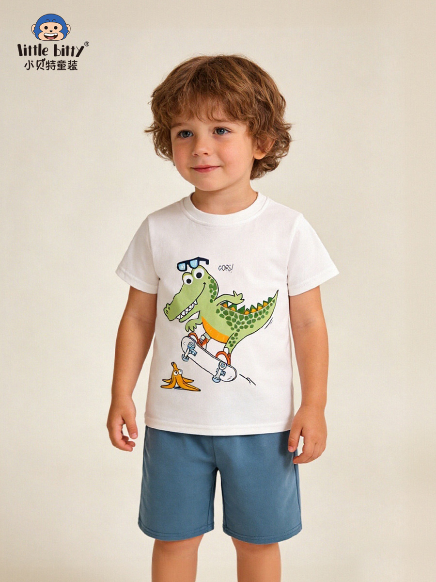 European and American Style 2026 Spring/Summer Children's Short-Sleeve Set with Cartoon Crocodile Print, Round Neck, Two-Piece Set, in Stock for Wholesale