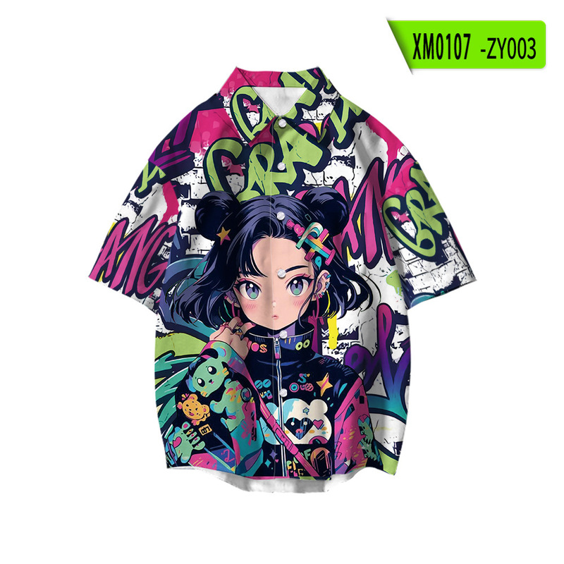 Graffiti Series Girl Pattern Short Sleeve Shirt Summer Beach Shirt Loose Casual Seaside Surfing Beach Clothes