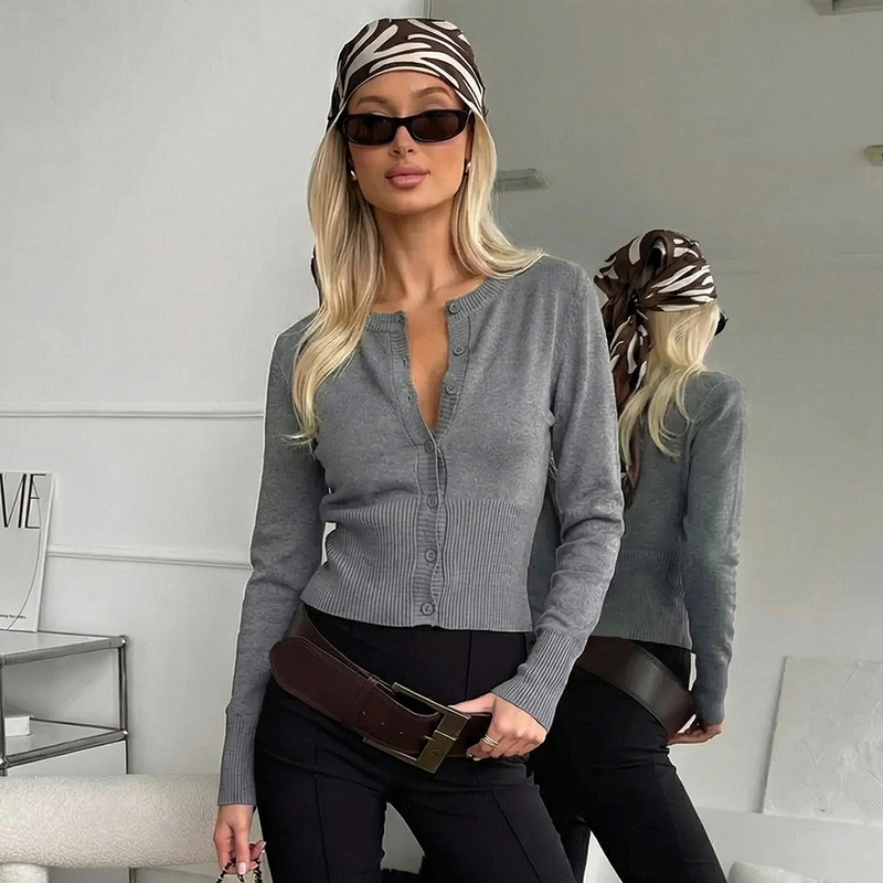 Cross-border knitted long-sleeve cardigan, European and American 2025 autumn and winter new slim-fit knitted base shirt sweater cardigan for women Cross-border knitted long-sleeve cardigan, European and American 2025 autumn and winter new slim-fit knitted base shirt sweater cardigan for women