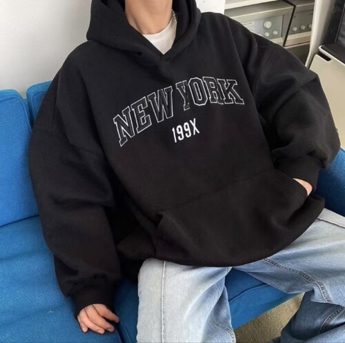 Pure cotton back collar American retro letter printed hooded sweatshirt for men and women autumn and winter loose hoodies versatile