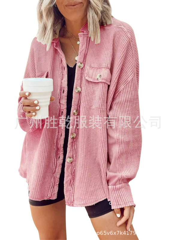 2025欧美跨境外贸秋冬拼接针织开衫外套女时尚休闲小立领口袋华夫|undefined