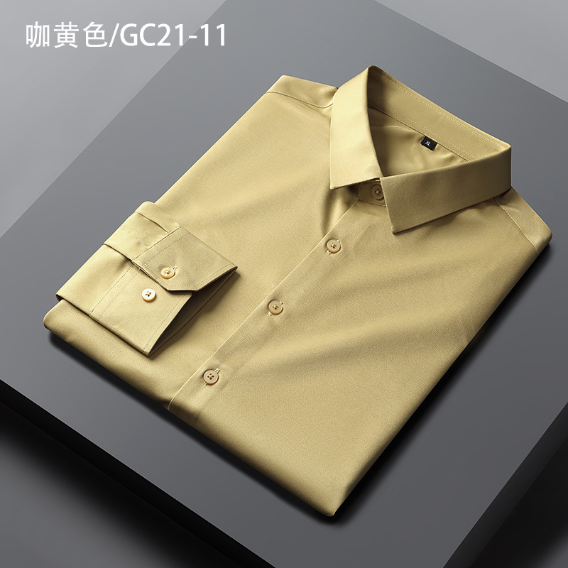 Nueva camisa de seda homenaje camisa de manga larga para hombre camisa elástica antiarrugas de negocios casual sin bolsillo camisa juvenil para hombre