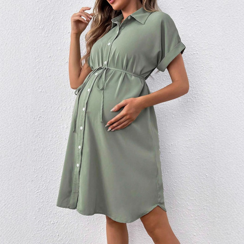 European and American maternity summer short-sleeve buttoned casual maternity skirt with stylish belt, maternity dress