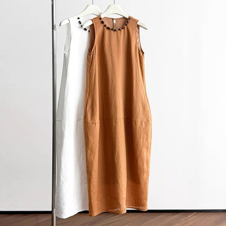 Linen Holiday Long Dress Summer New Back Split Cocoon Sleeveless Vest dress Women