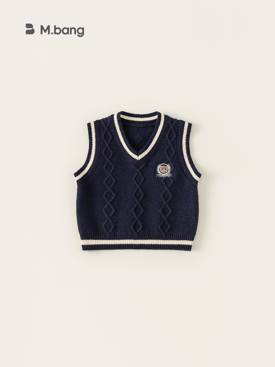 Yoobao ropa infantil chaleco de punto para niños otoño nuevo estilo de escuela de niños oso bordado V-collar chaleco de contraste