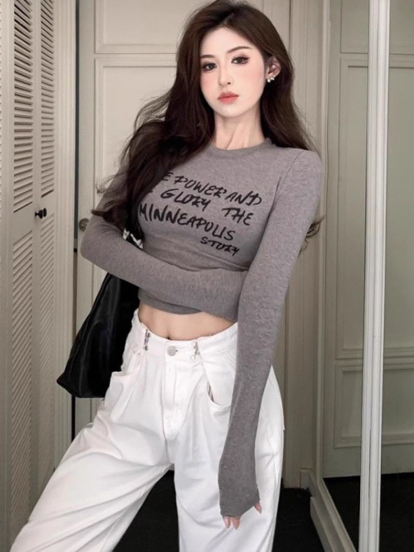 Ins Pure Desire Sexy Short Navel-Baring Printed Long-Sleeved T-Shirt for Women in Autumn and Winter Sexy Slim-Fitting Bottoming Shirt for Women