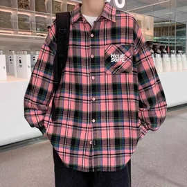 外贸美式复古格子衬衫男士长袖春夏宽松外套日系一件代发休闲百搭