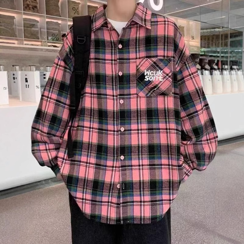 Men's Long-Sleeved Plaid Shirt in American Retro Style for Spring and Summer, Loose-Fitting Jacket, Japanese Style, One-Piece Wholesale, Casual and Versatile