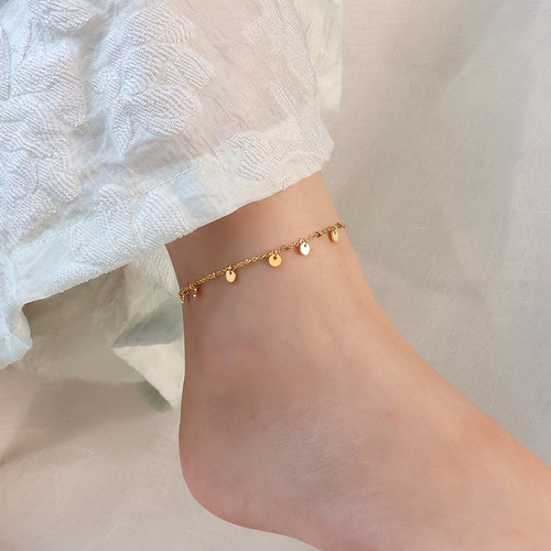 European and American Instagram-style jewelry leg chain round pendant tassel anklet titanium steel 18k gold foot jewelry beach accessory S113