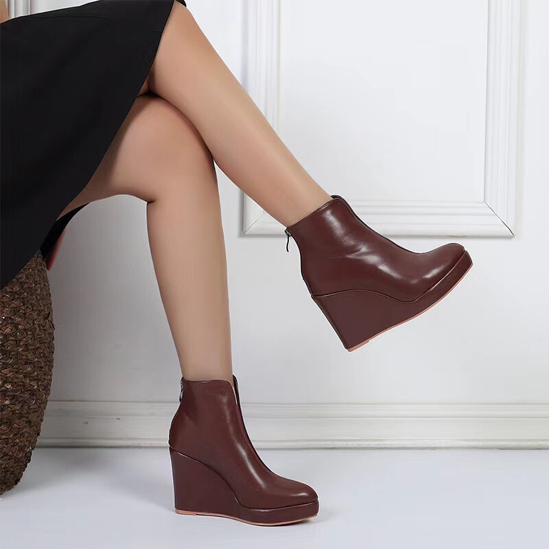 Amazon Autumn and Winter Wedge Thick-soled High-heeled Pointed Fashionable Rubber Ankle Boots Black Back Zipper AliExpress Cross-border Amazon Autumn and Winter Wedge Thick-soled High-heeled Pointed Fashionable Rubber Ankle Boots Black Back Zipper AliExpress Cross-border