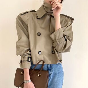 South Korea's 2025 Spring and Autum Retro Lapel Design Double-Breasted Loose and Versatile Long-Sleeved Short Windbreaker Jacket for Women
