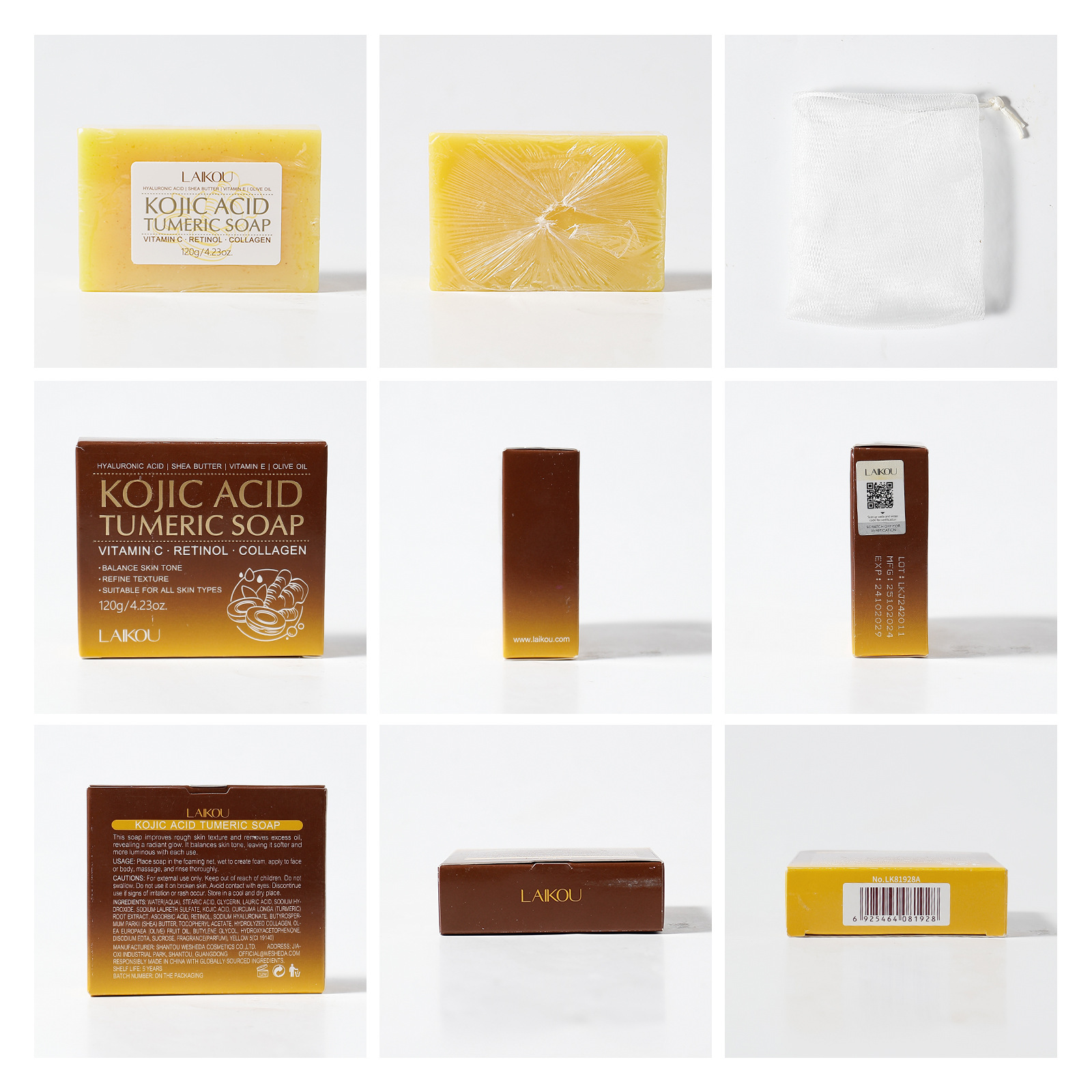 Cross-border new product LAIKOU Curic Acid Turmeric Soap 120g for cleansing facial skin and brightening complexion. Wholesale of facial soap Specification drawing