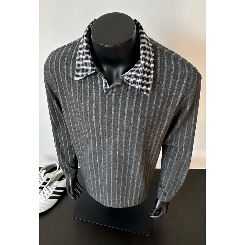 T-shirt a maniche lunghe da uomo con colletto risvoltato a quadri in stile coreano, look giovanile e pulito per la primavera, stile americano_voghion.com
