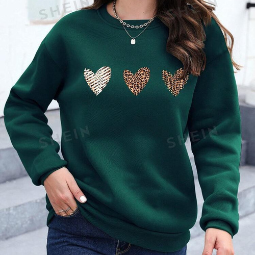 Essnce Leopard Heart Print Drop Shoulder Sweatshirt