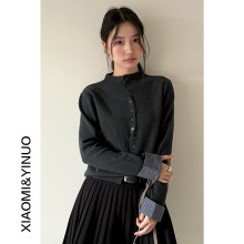 【欧凡】撞色格子长袖单排扣修身针织衫女装气质显瘦上衣开衫3247