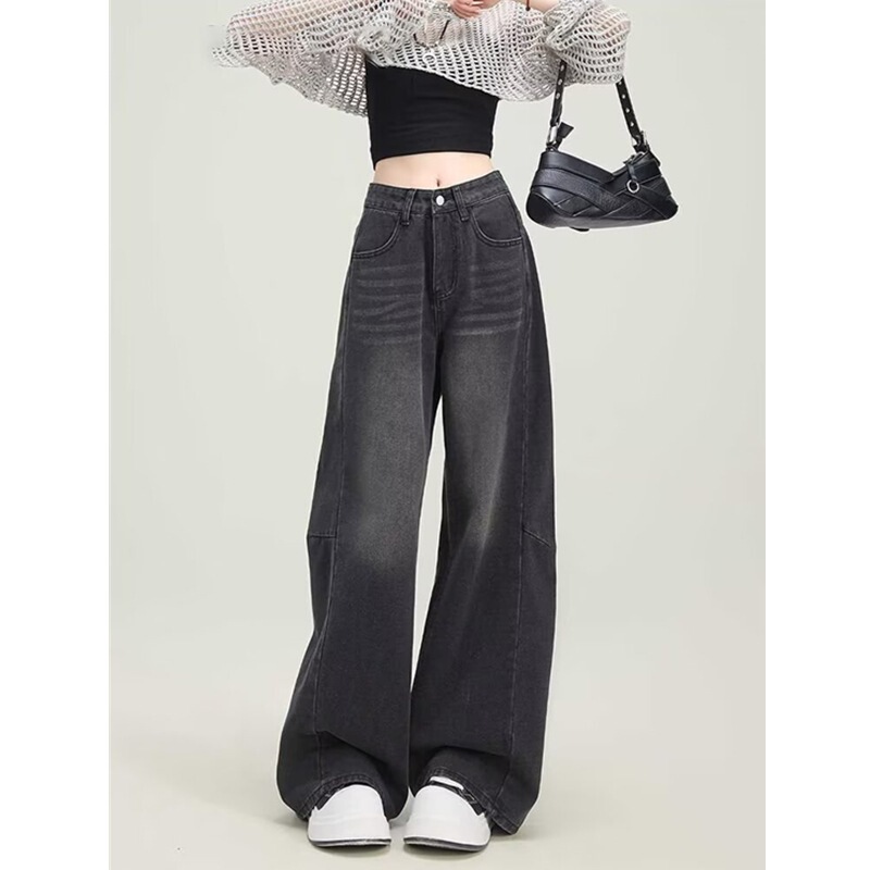 American retro curved wide-leg jeans for women, 2026 new model, low-high waist, slimming, loose, casual straight-leg pants American retro curved wide-leg jeans for women, 2026 new model, low-high waist, slimming, loose, casual straight-leg pants