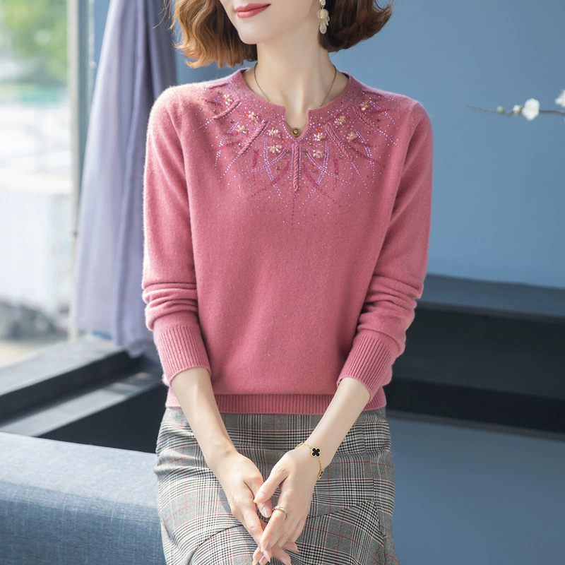Осень-зима для матери среднего возраста, свитер из 100 чистой шерсти, Женский пуловер-свитер для женщин среднего и пожилого возраста в западном стиле, Базовая рубашка