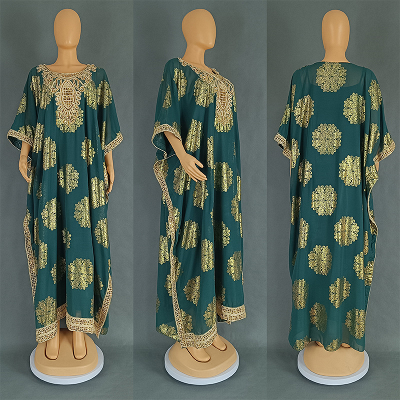 Cross-border European American Fashion Plus-size Dress, Hot-selling In The Middle East And Dubai, Gold-embossed Chiffon_ecoleips.com
