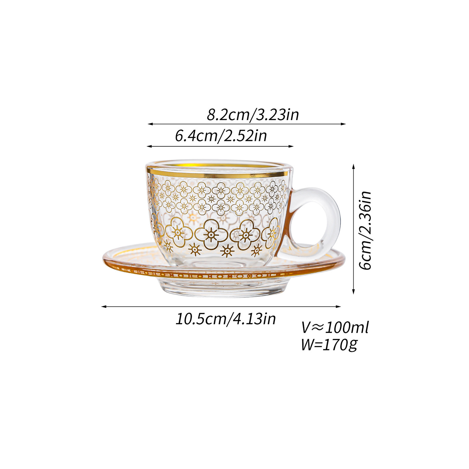 Taza y platillo de café con traza de oro transparente nórdico transfronterizo, taza de agua exquisita para el hogar, taza de café con leche, juego de taza de té de vidrio