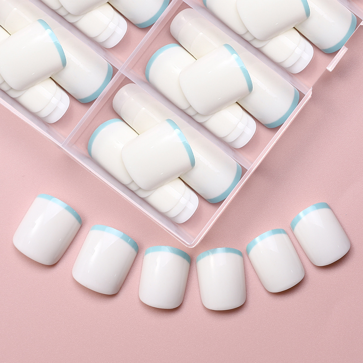 120 piezas de caja de uñas de desgaste hechas a mano alta sensación blanca pura francesa azul bordes ins uñas de desgaste desmontables
