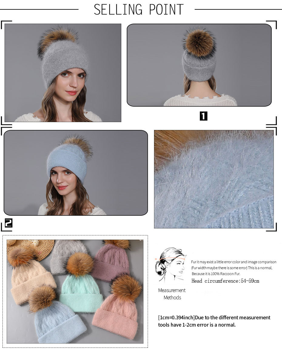 Nuevo Gorro de lana con pelo de conejo Angora tejido para mujer, giros de masa frita para invierno, gorro de lana con brida de doble capa, Bola de pelo de perro mapache,_voghion.com