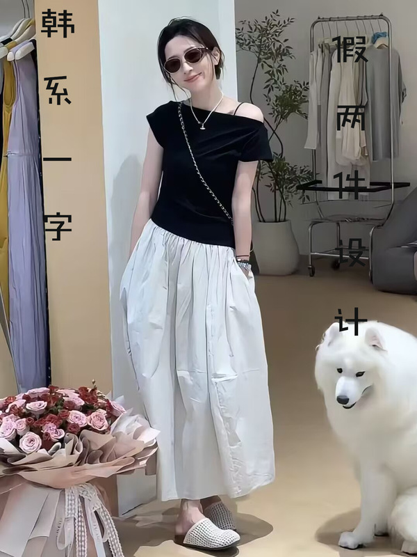 小个子韩系chic别致黑色一字领露肩短袖t恤女夏季设计感小众衣|undefined