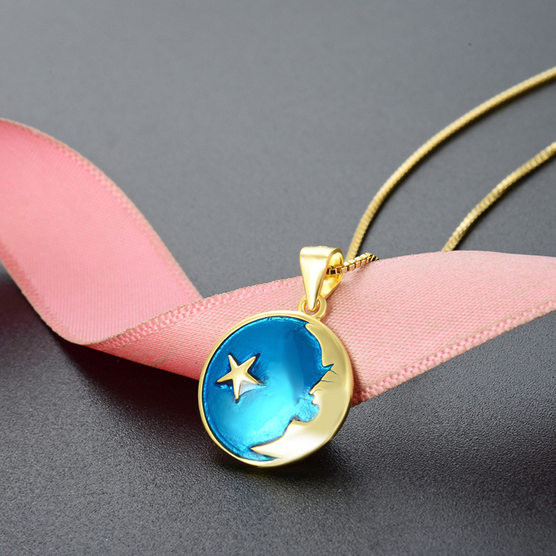 Europa y los Estados Unidos transfronterizos 925 plata esterlina goteo estrella luna collar nicho diseño de alta calidad colgante clavícula diy