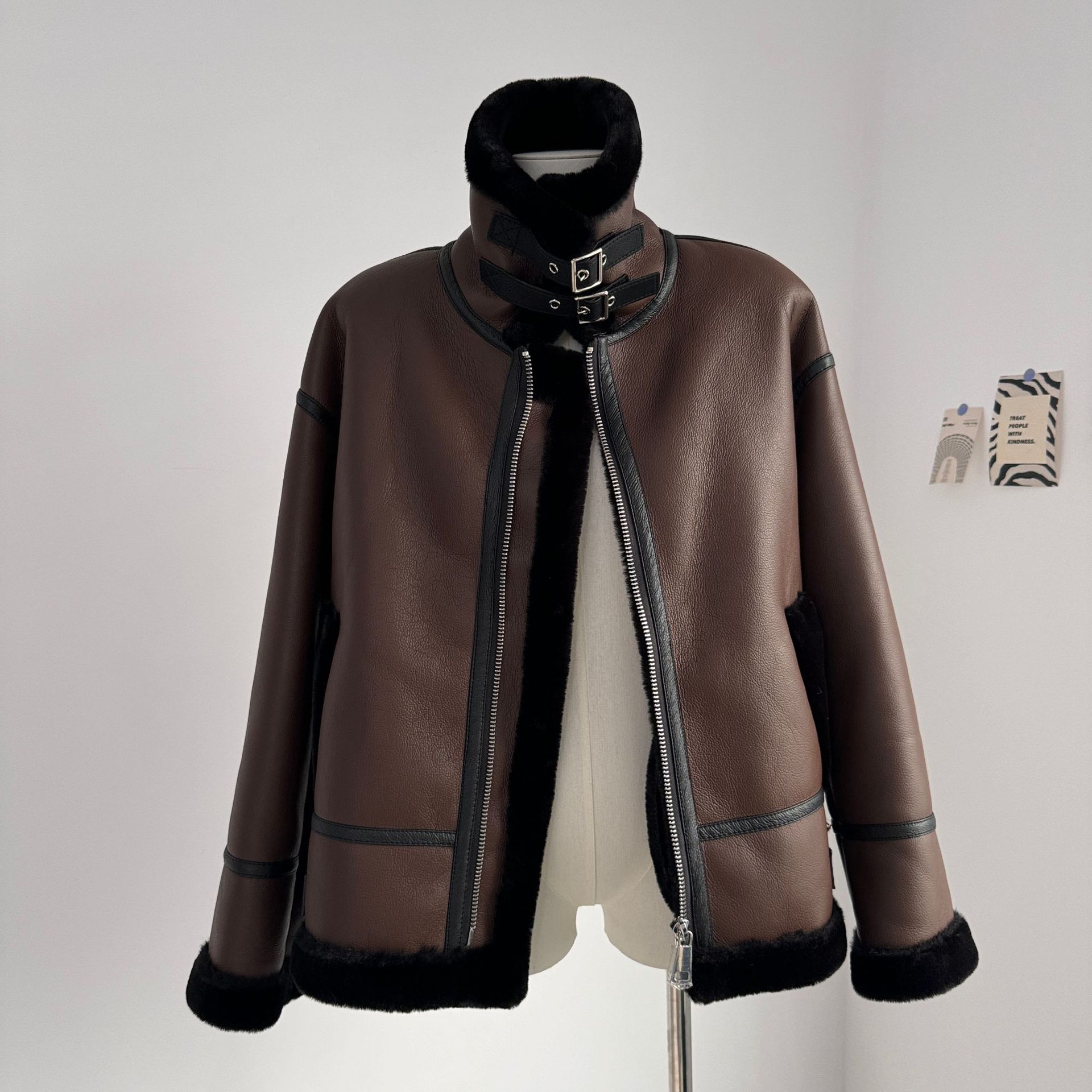 Women's Clothing retro motorcycle style belt decoration stand collar fur lamb wool thick warm coat women's jacket_voghion.com