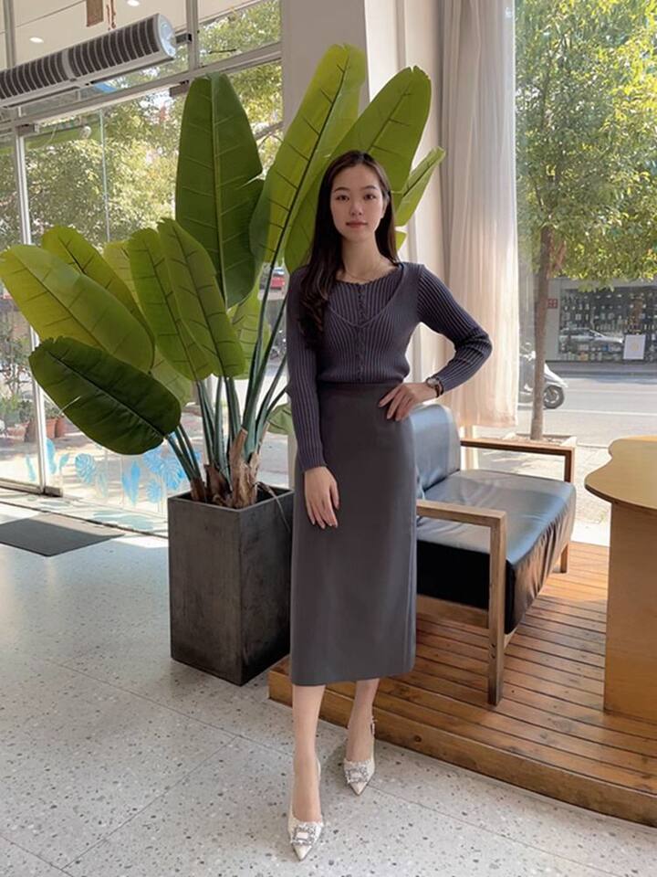 Chân váy vest nữ dáng lửng cạp cao ống đứng xẻ tà sau ôm mông, dài 60 cm / 72 cm — Hồng (60CM), Hồng (72CM), Kaki (72CM), Màu be (60CM) chi tiết 13