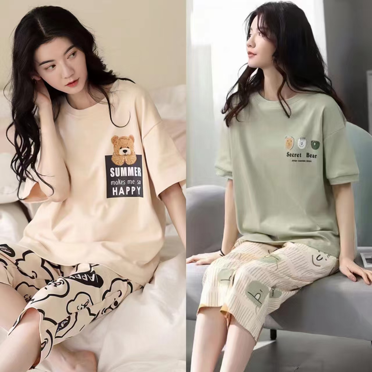 批发睡衣女夏季短袖七分裤家居服夏天薄款韩版可出门休闲两件套装