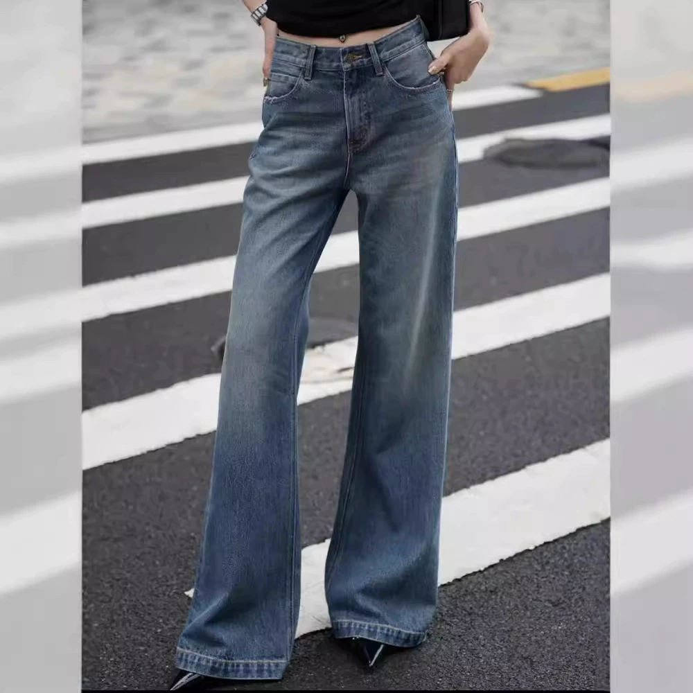 Свободные широкие брюки в европейском и американском стиле, утягивающие джинсы с высокой талией для женщин, весна-осень 2025, утягивающие расклешенные брюки, брюки в пол.