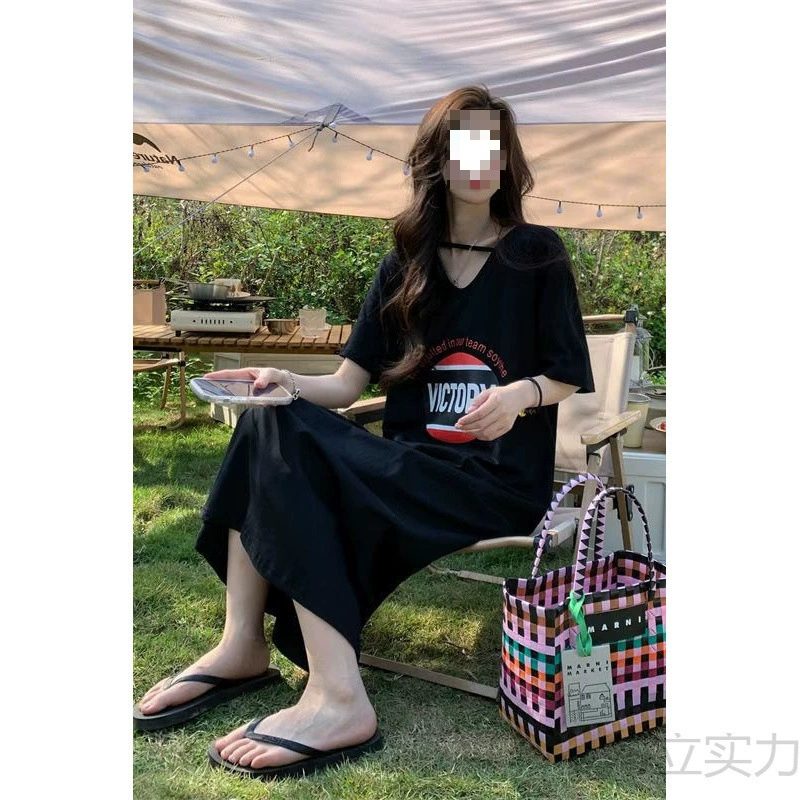 2025 американское ретро зеленое платье-футболка с v-образным вырезом для женщин, летняя свободная повседневная юбка в ленивом стиле с длинными короткими рукавами