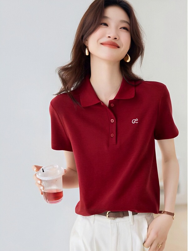 短袖POLO衫女夏季新款撞色休闲翻领刺绣减龄甜美气质时尚t恤上衣|undefined