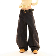 American retro scimitar design black jeans women's slack drooping floor wide-leg pants