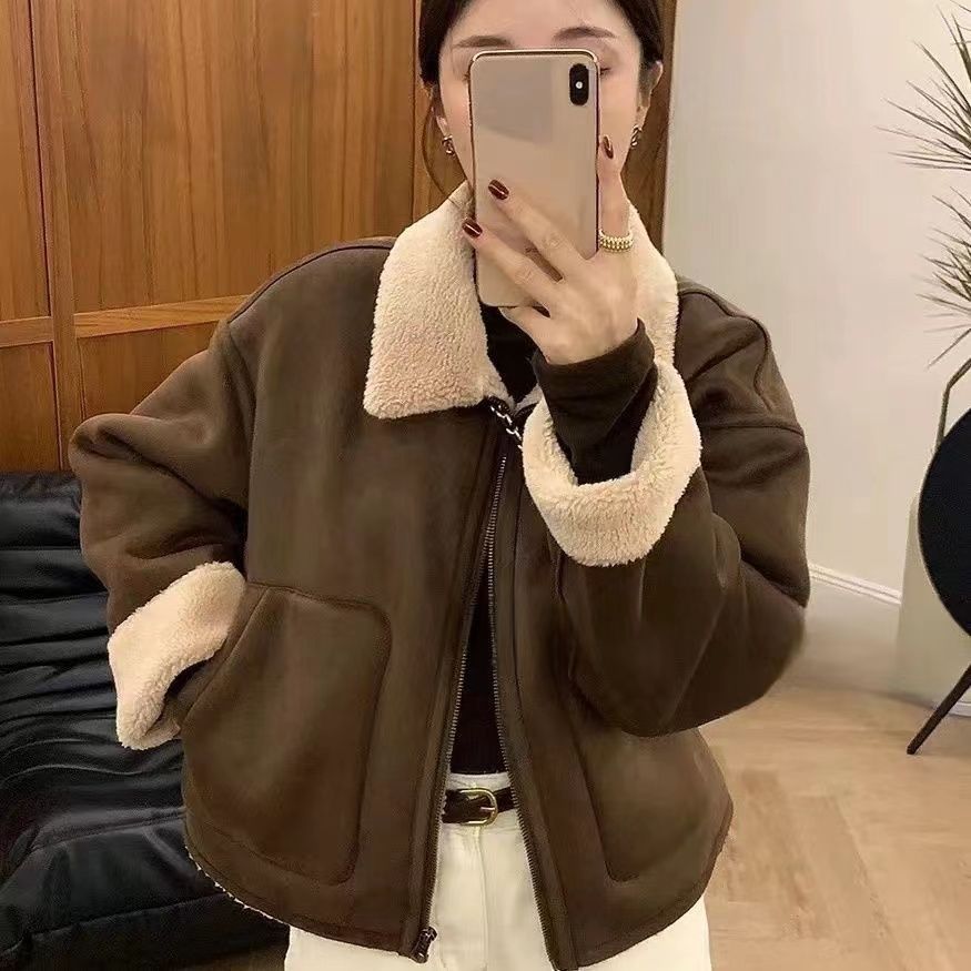 European Superior Sense Fur One-piece Lambswool Coat Women's Autumn and Winter Thickened Lapel Biker Jacket Top All-match