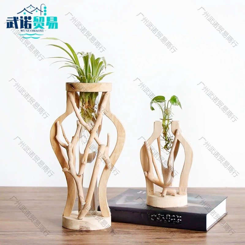 Handmade solid wooden small vase landscape landscape solid wood flower hydroponic trial pipe rural mini potted creativity