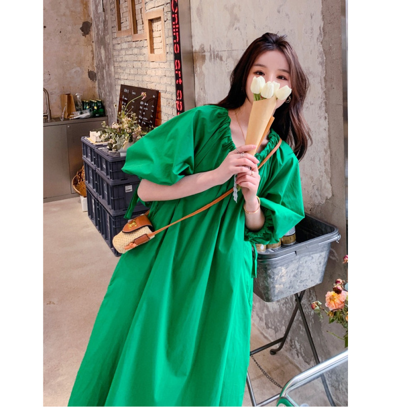 Cross-border plus size Green Drawstring dress Women's Summer New Design Sense Loose Crewneck Strap Bubble Sleeve Long Dress