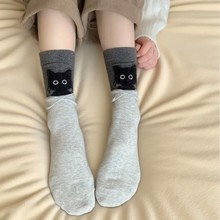 秋冬设计款撞色卡通躲猫猫中筒袜韩版拼色可爱小猫袜子女袜