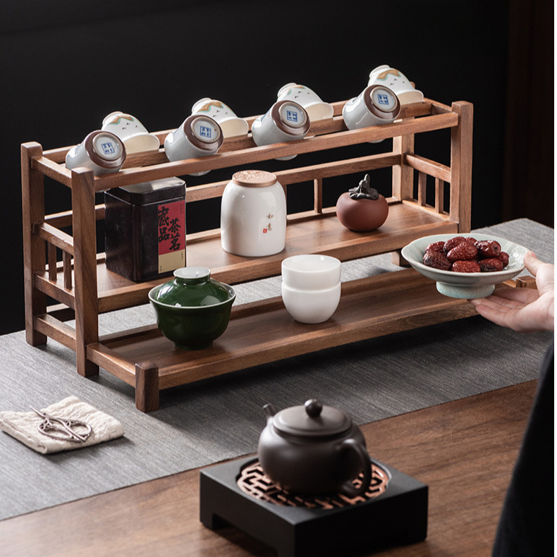 호두 티 컵 랙 중국 가정용 저장 랙 작은 데스크탑 골동품 랙 쿵푸 티 세트 보라색 모래 냄비 저장 랙