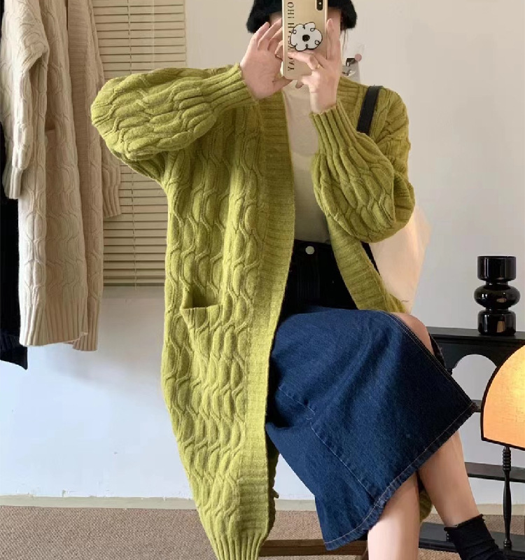 Korean V-neck solid color twisted flower lazy long sweater jacket, fashionable temperament, gentle style, soft and_voghion.com