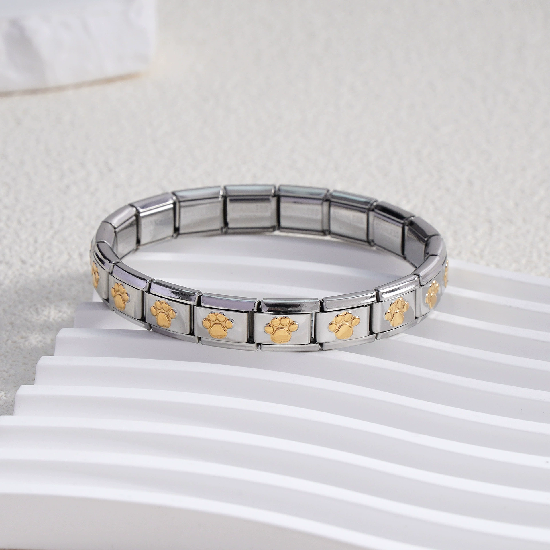 stainless steel bracelet, removable elastic link watch strap, italian european style, assorted charms