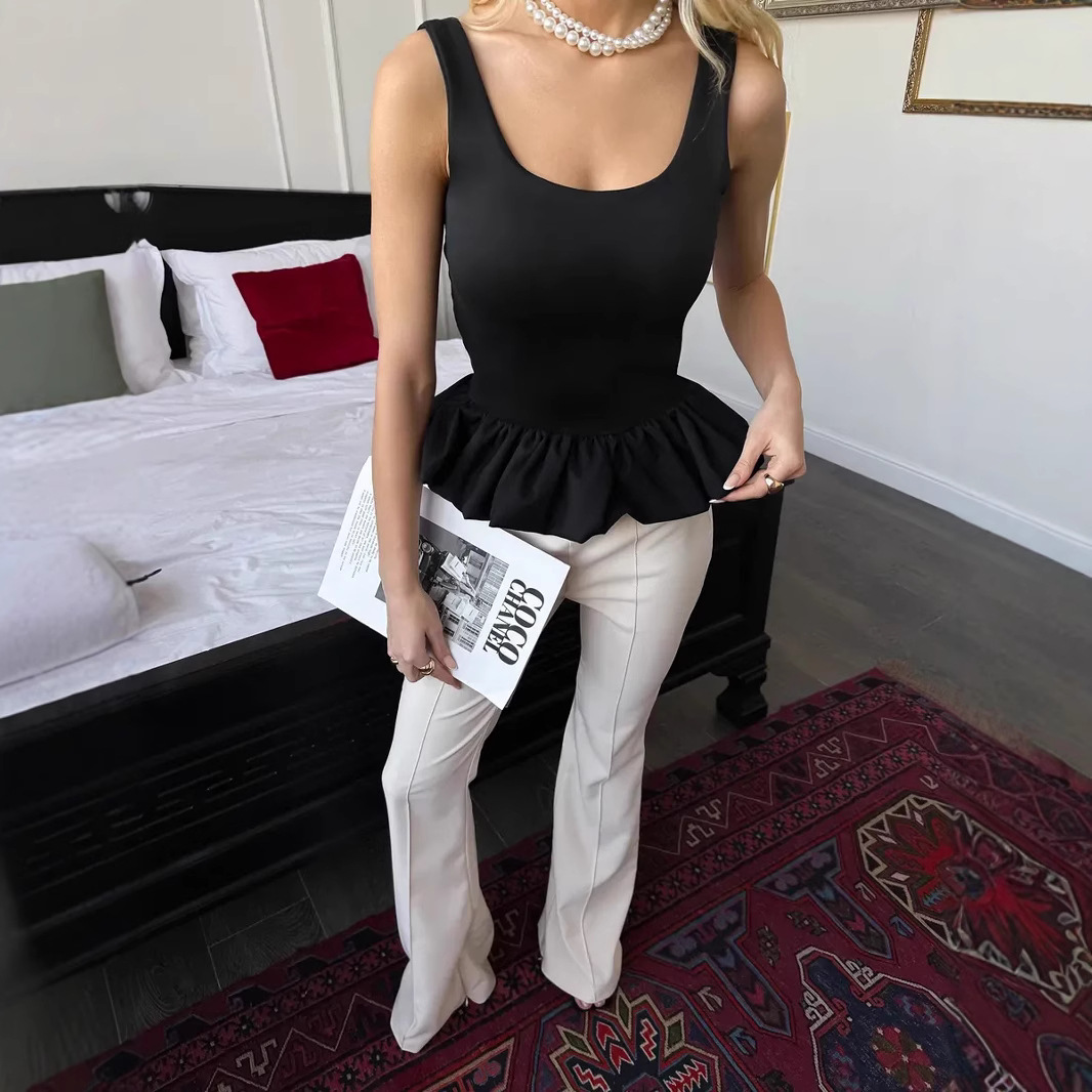 Ropa de mujer europea y americana 2025 verano nuevo color sólido moda sin mangas cuello cuadrado espalda abierta burbuja sexy chaleco pequeño top mujer