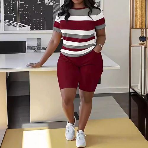 US/UK Large Women's T-Shirt Set Striped Hooded Short-Sleeve Letter 3D Print Shorts Set