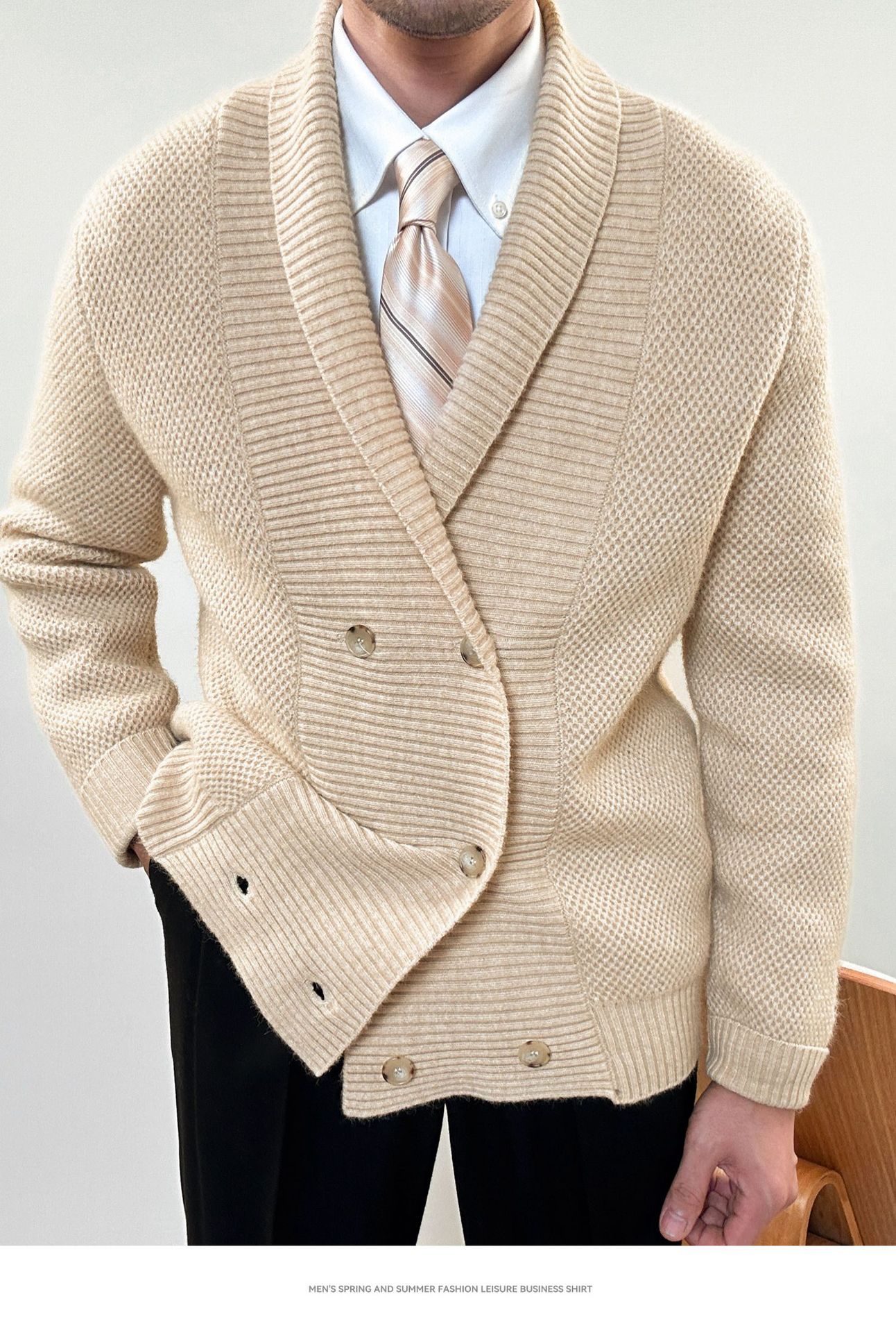 Men's V-neck Double Breasted Business Dress Casual Sweater Coat Knitwear  Outfit